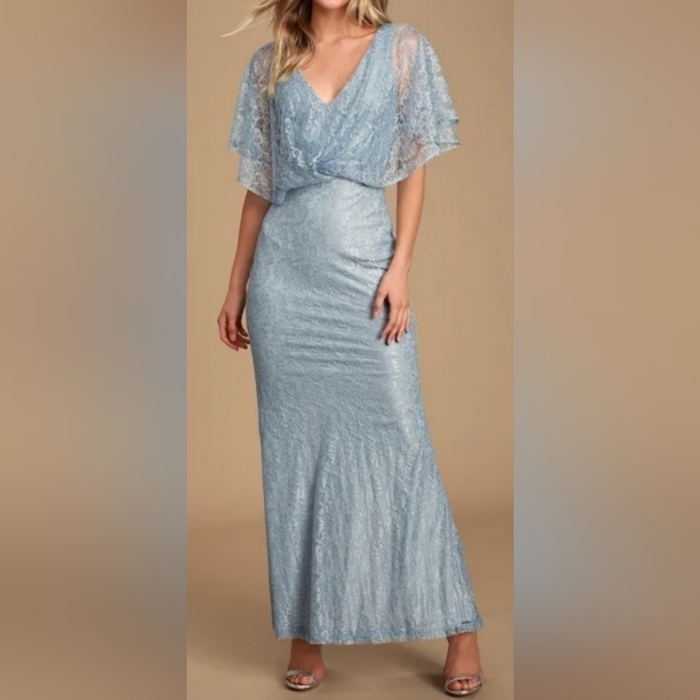 Lulus Bliss Delight Light Blue Lace Flutter Sleeve Maxi Dress, Size XS - Picture 2 of 14